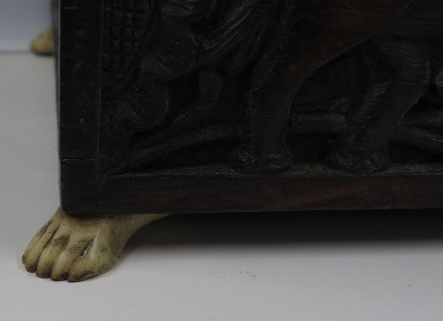 Highly carved Indian ebony box with elephants and carved ivory lion paw feet 12" x 6" x 7" - Image 3 of 8