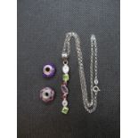 Silver necklace with multi stone pendant and 2x Pandora charms