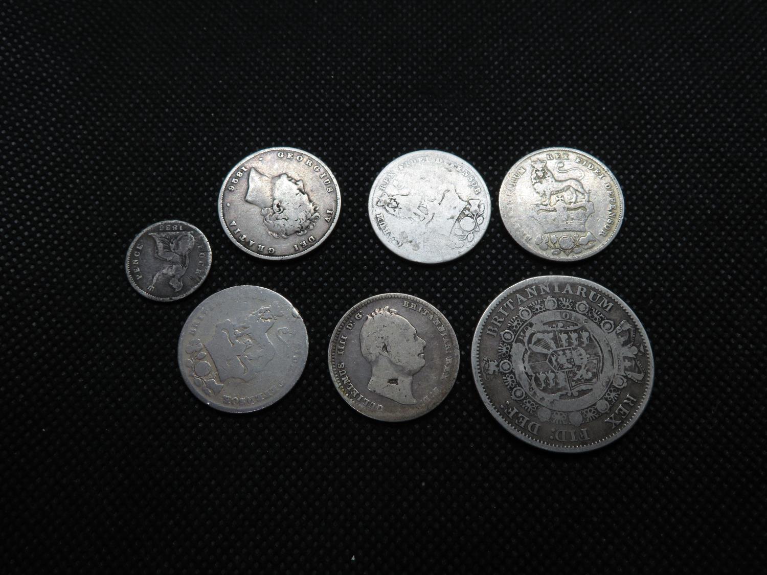 Job lot of Georgian pre 1836 coins, 1 florin, 5 shillings, and one threepenny bit