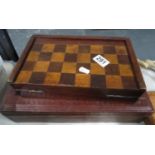 Old wooden backgammon set and leather boxed skittle set
