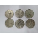 6x large old style 50p coins inc. Isle of Man