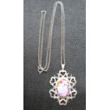 Vintage art glass pendant on 18" silver curb link chain