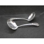 Scottish silver sugar sifters with hand pierced thistle finial and matching sauce ladle 34g.