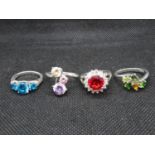 4x stone set silver rings 17g