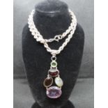 Silver multi gem pendant 16" silver rope chain 32g