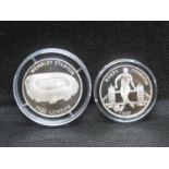 2x silver Football coins Bobby Charlton and Wembley Stadium
