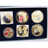 Box of 6x proof commemorative coins including Chruchill and QEII Wedding Anniversary