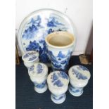 36" diameter blue and white china central pedestal table with four stools