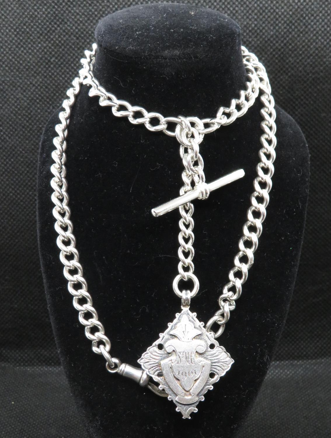 Victorian silver double Albert chain and medal 19.5" Birmingham 1900 58.9g