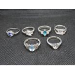 6x silver rings with stones 22g