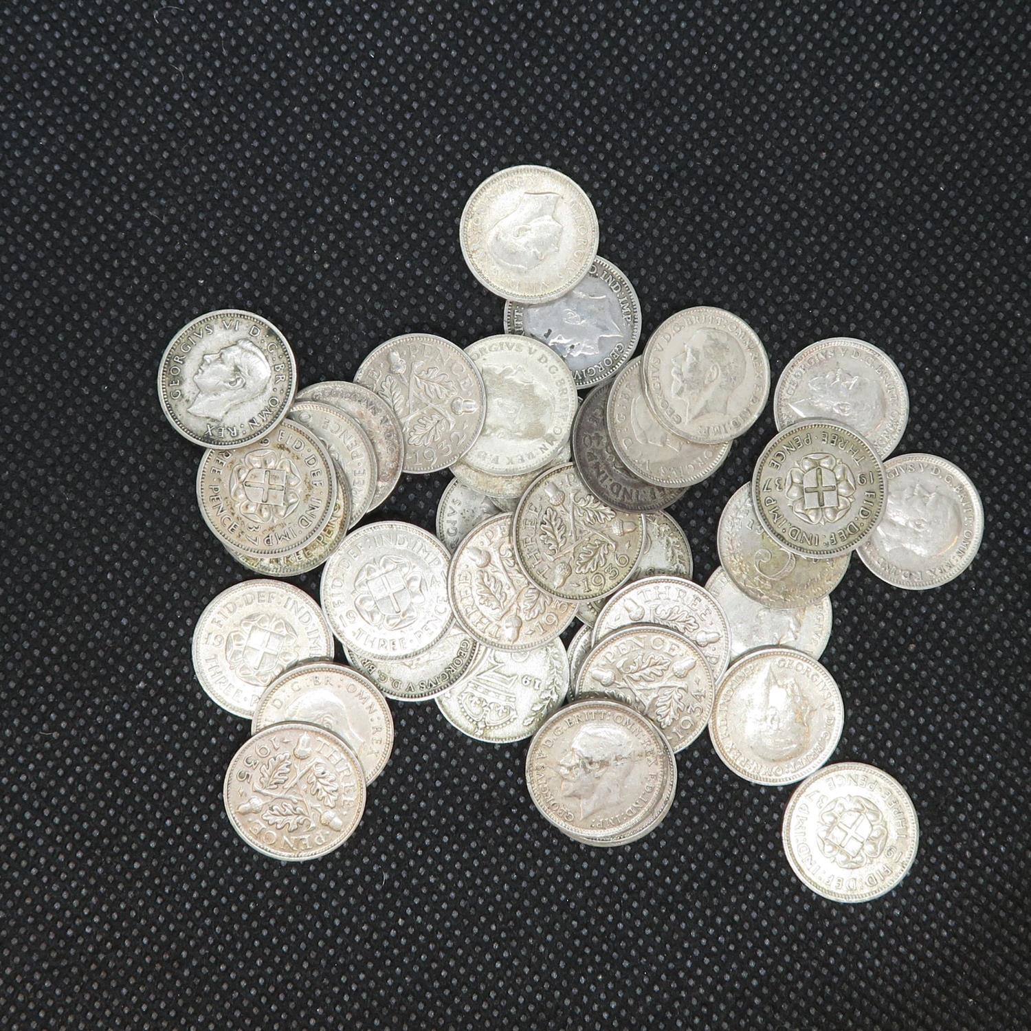 Job lot 38X silver threepenny bits 52g