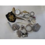 Misc box of compasses badges pocket watches and sea pictures