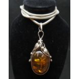 Large vintage silver pendant with baltic amber on 19" HM chain 32.7g