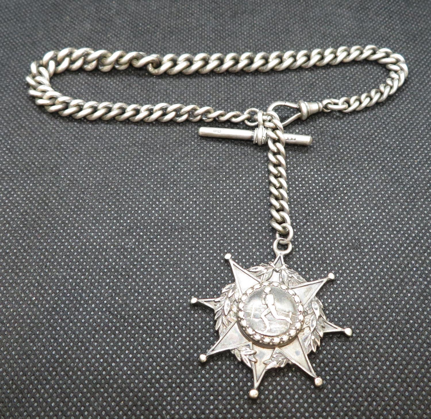 Old silver single Albert watch chain with large running silver fob for Selby 1879 second prize for