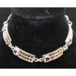 Vintage silver bracelet in style of Charles Mackintosh fully HM set with amethyst stones 7.5" 13g