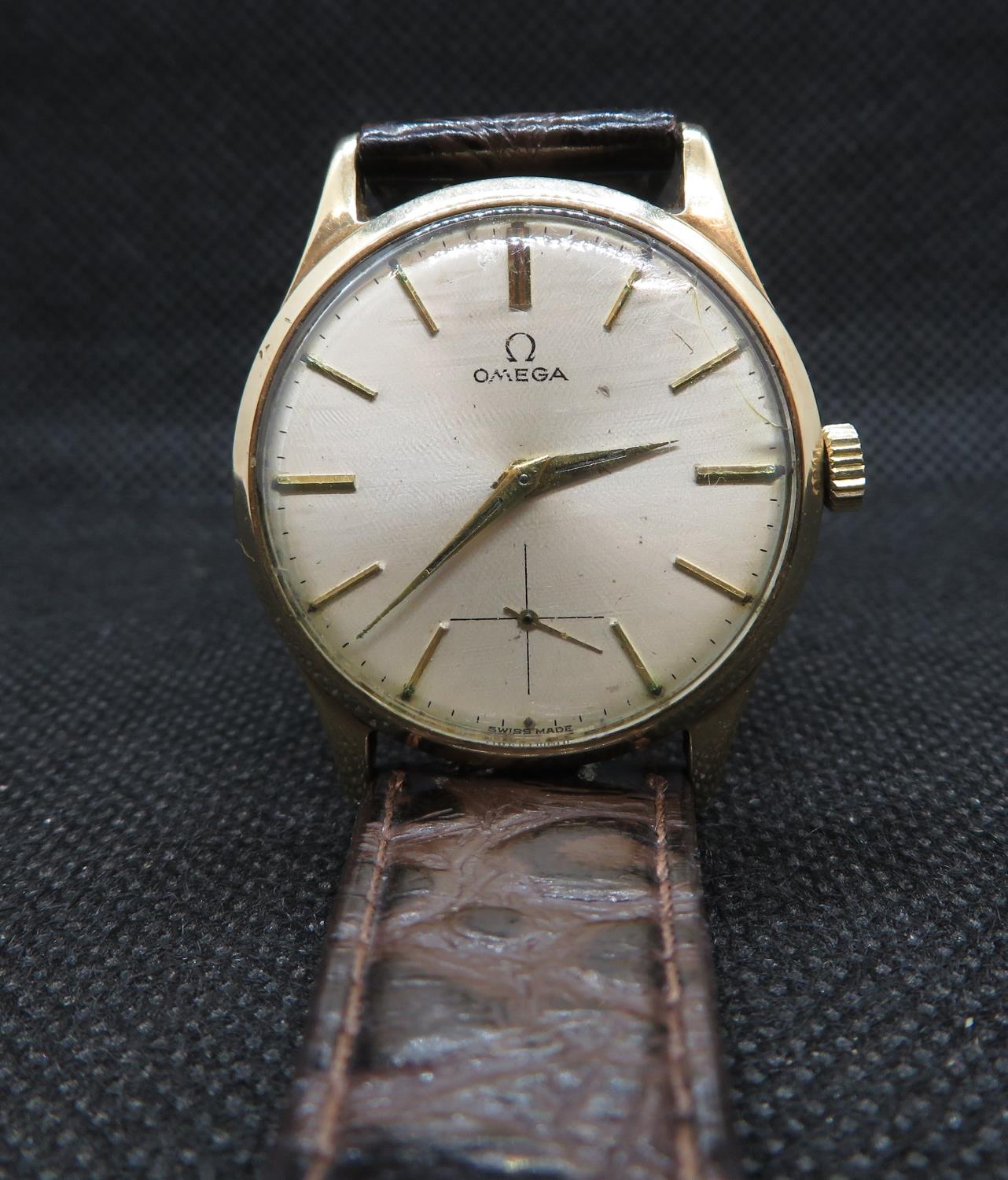 Mens 9ct gold Swiss manual winding Cal.266 Omega watch with new strap gold tone hour markers and