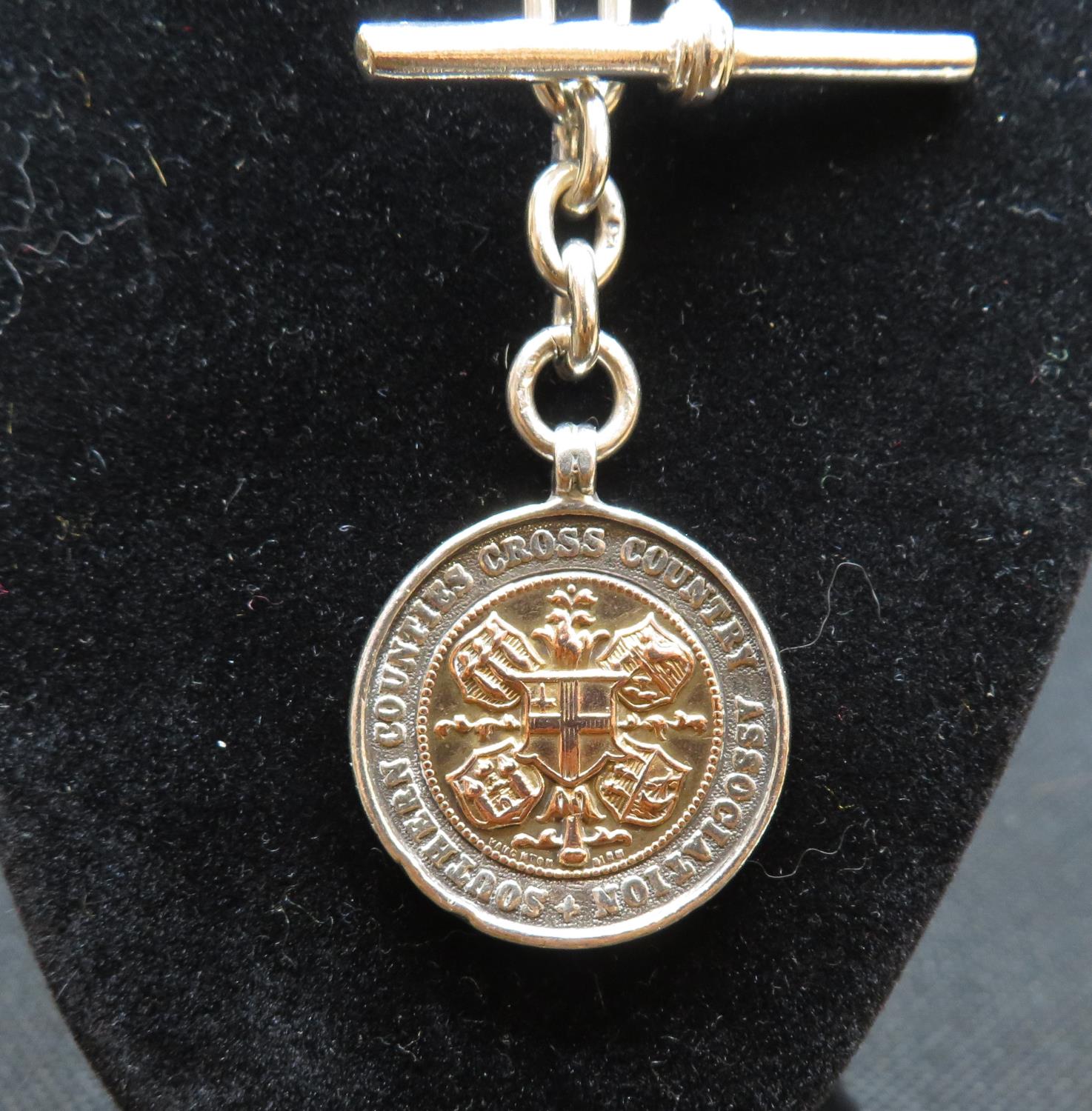 Antique silver trombone link Albert Chain and medal with 9ct rose gold cartouche Birmingham 1915 36g - Image 2 of 4
