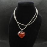 Vintage silver heart pendant on 16" silver chain 9.7g set with amber