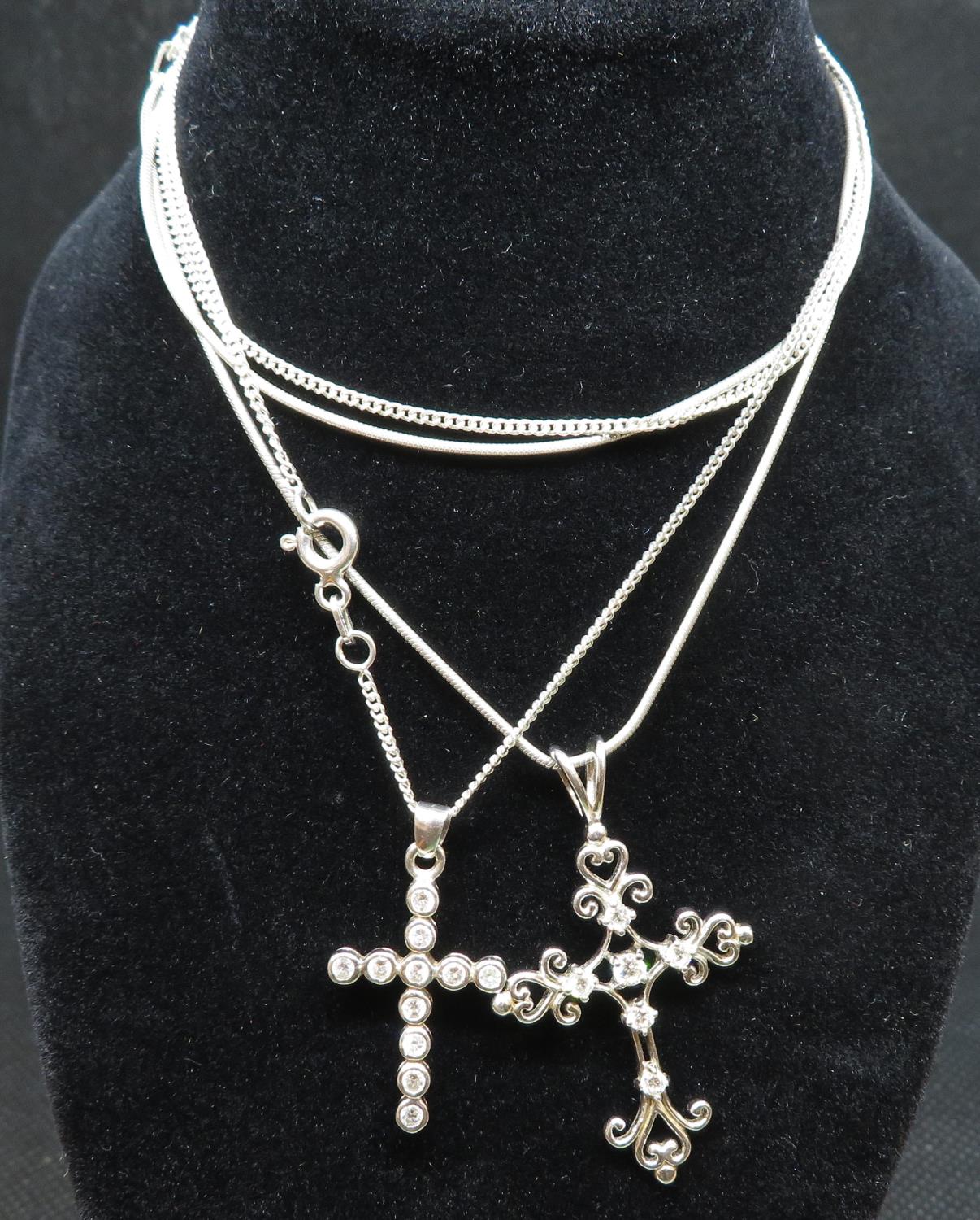2 silver stone set crosses on 16" chains 7.5g