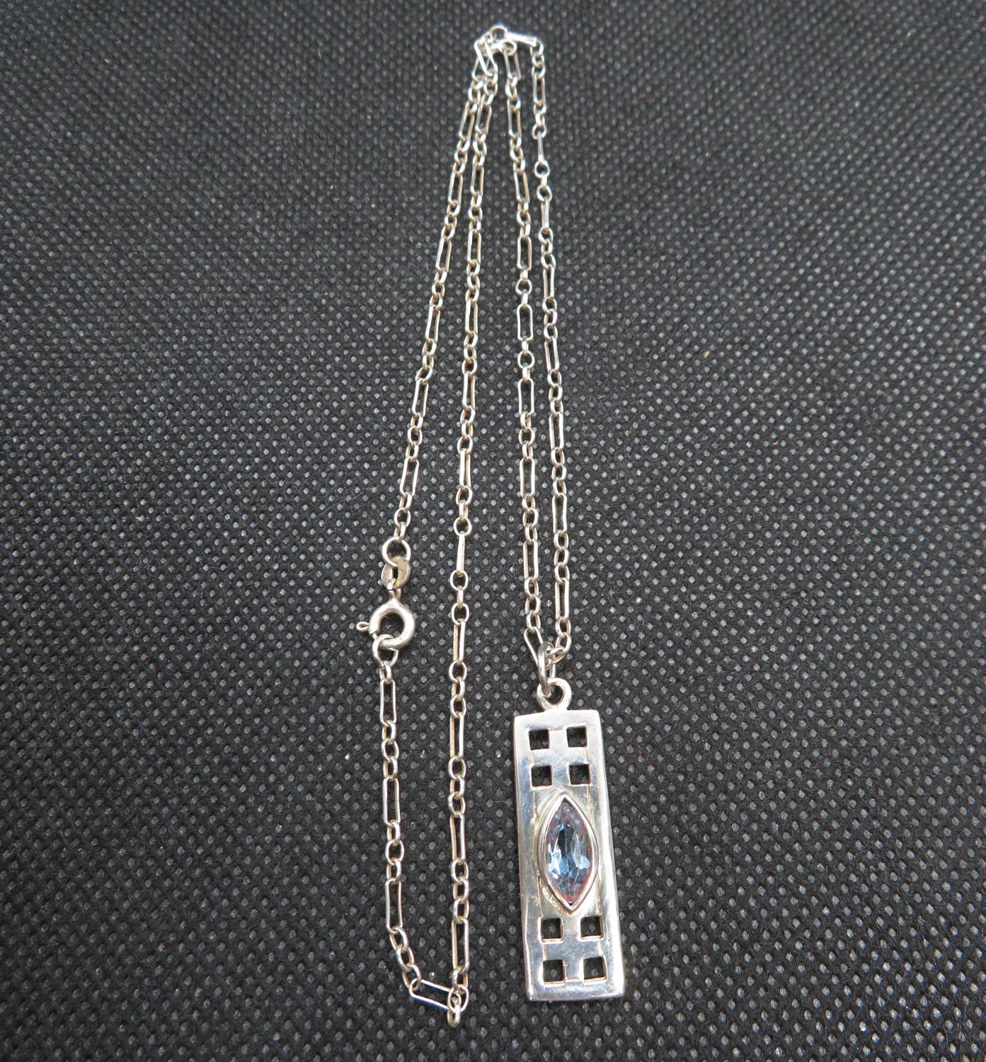 Charles Rennie style pendant set with Marquis cut blue topaz on 18" chain in box 6.5g - Image 2 of 3
