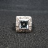 Platinum art deco ring set with 1.6ct aquamarine with approx 1ct diamonds size O 7g