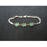 Unusual silver bracelet with green stones 7.25" 7.9g