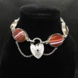 Victorian silver citrine and banded agate bracelet with lock and chain C 1900 7.5"