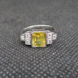 Platinum Art Deco ring set with yellow sapphire approx 2ct and diamonds approx 0.30ct size N