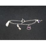 HM silver charm bracelet set with diamante and purple stones 7.5" 10g