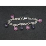 HM silver bracelet with alternating pink and purple crystal balls 7.25" 40.6g