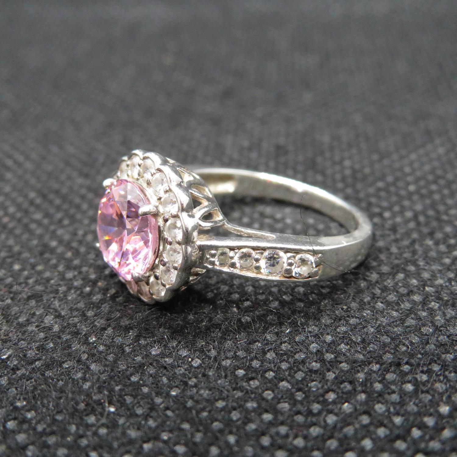 Silver cluster ring set with pink and white CZ size L - Image 2 of 3