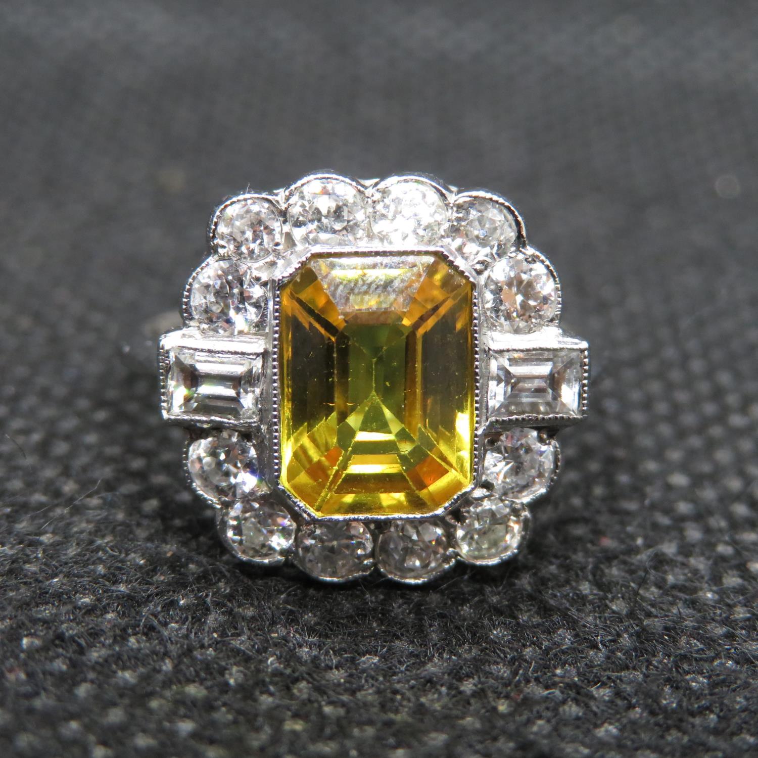 Art Deco platinum ring set with emerald cut yellow sapphire over 2cts surrounded by 14 round and - Image 2 of 4