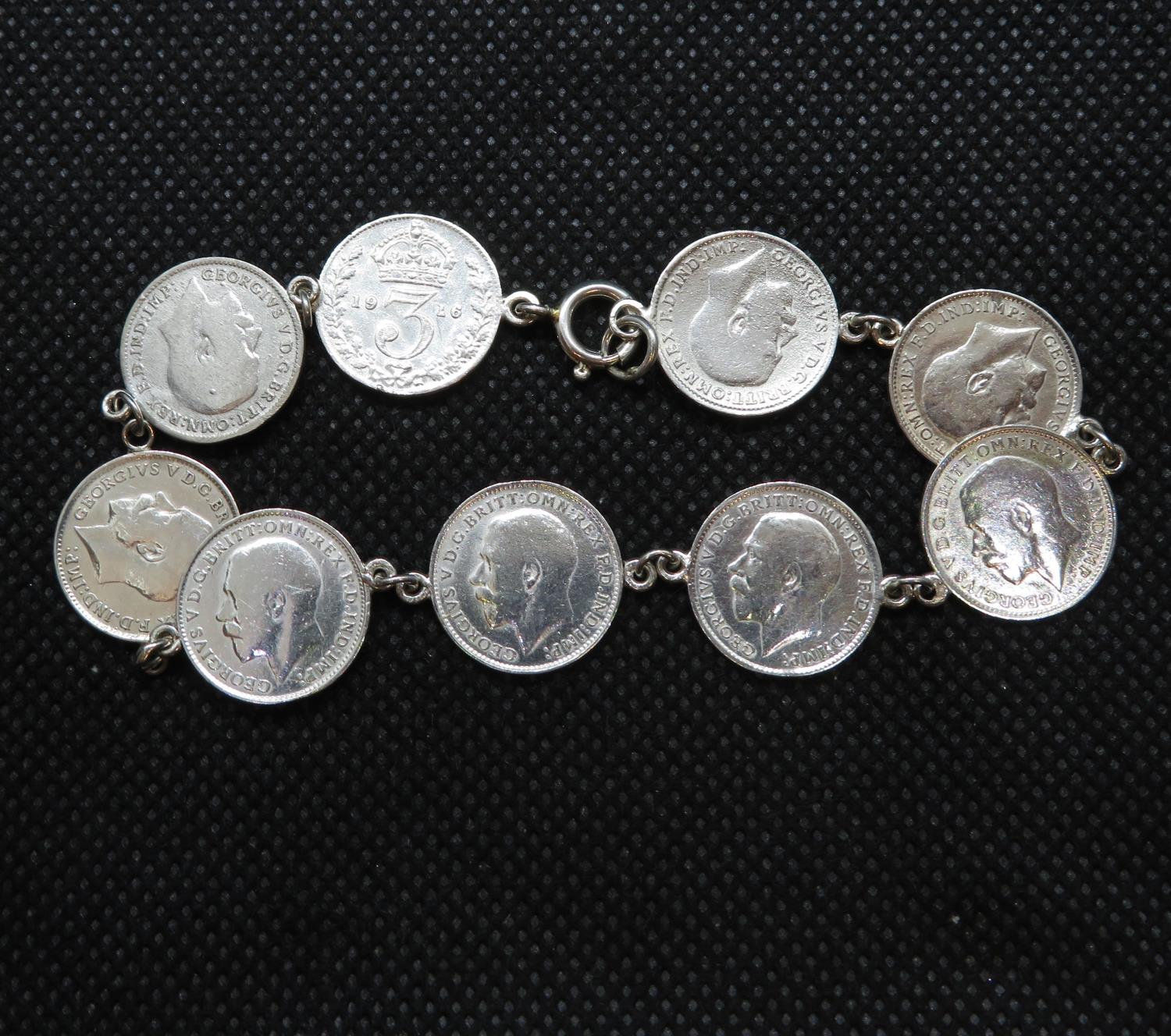 Antique bracelet silver threepence pieces dating from 1914 - 1920 8" 13.8g