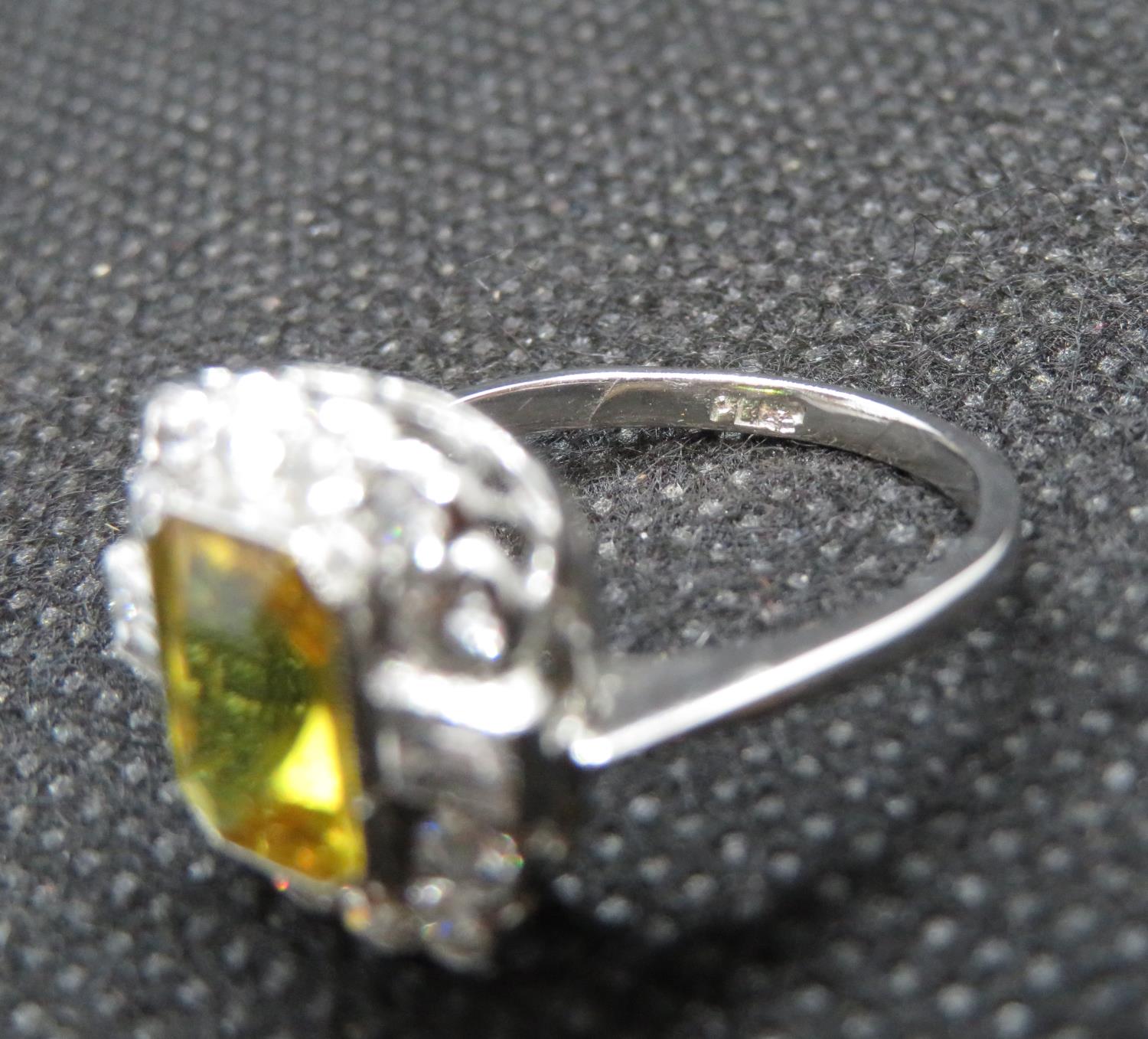 Art Deco platinum ring set with emerald cut yellow sapphire over 2cts surrounded by 14 round and - Image 4 of 4