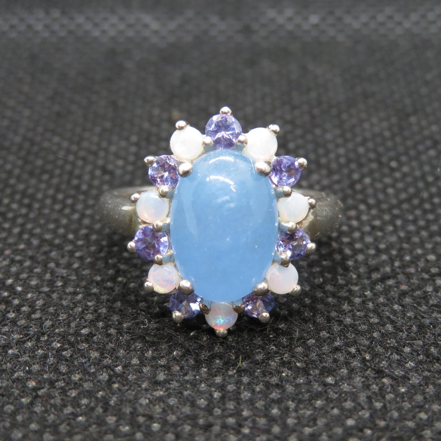 Silver ring set with CHRYSOPHRASE Tanzanite and opals size O