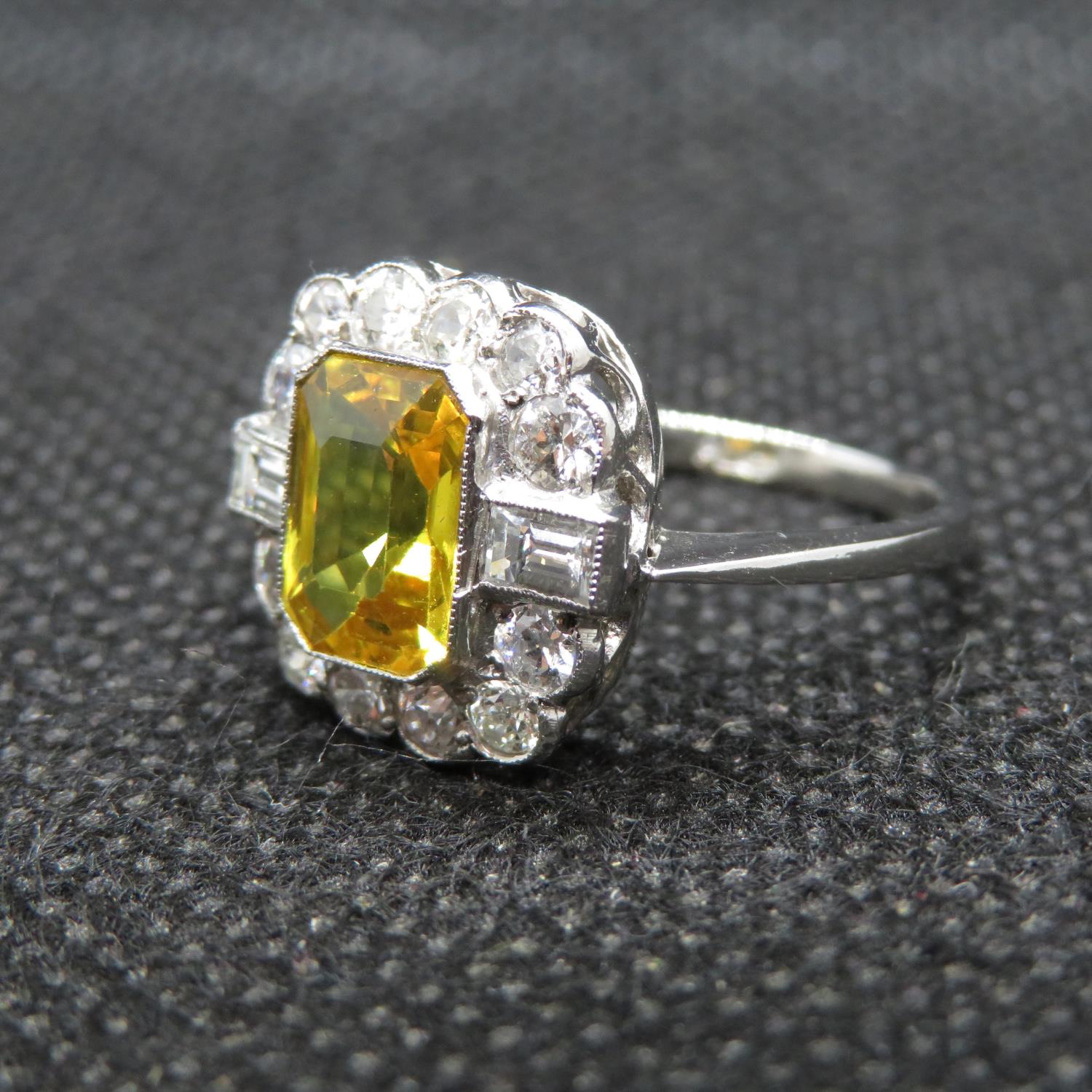 Art Deco platinum ring set with emerald cut yellow sapphire over 2cts surrounded by 14 round and - Image 3 of 4