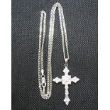 Large silver stone set cross on 20" silver curb chain 10g