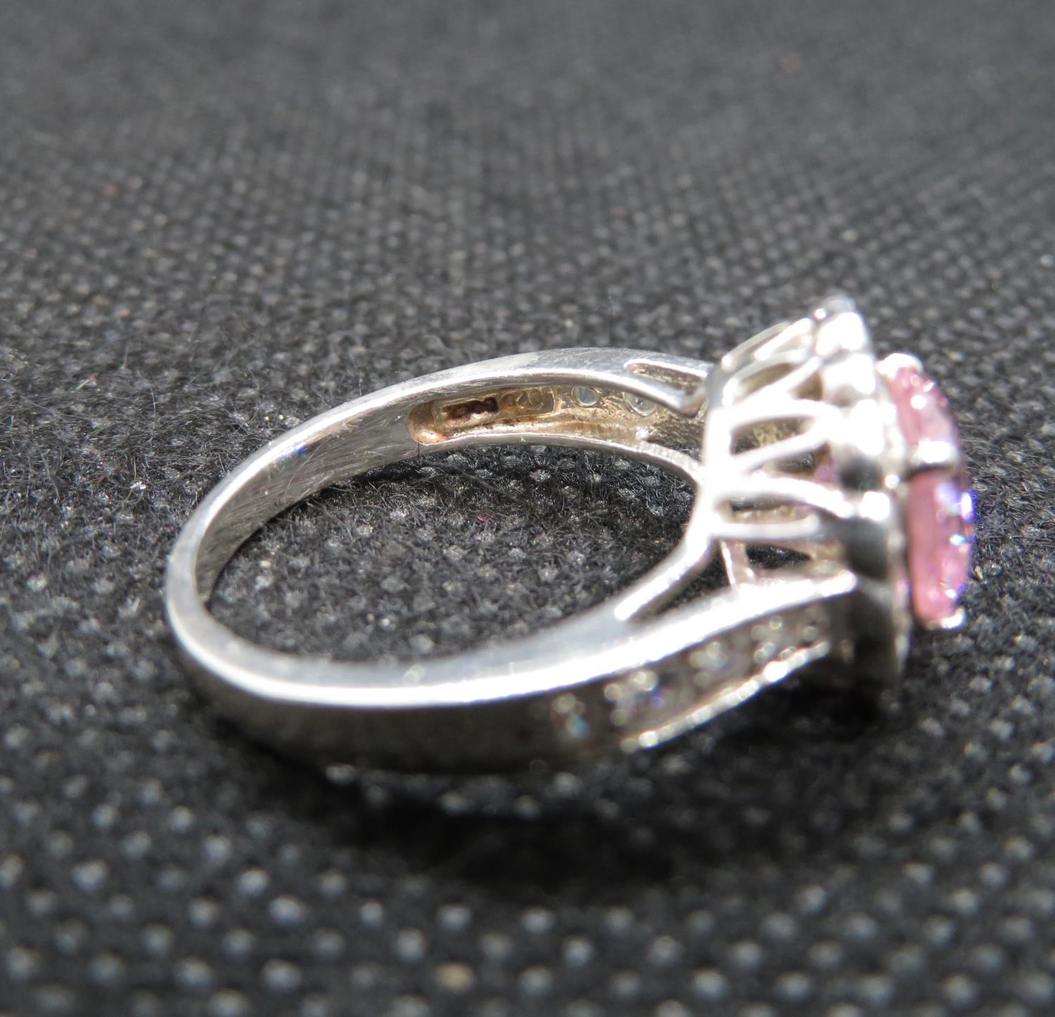 Silver cluster ring set with pink and white CZ size L - Image 3 of 3