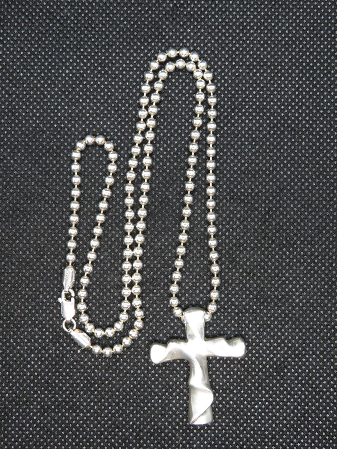 Modernist silver cross maker's mark KLP on 20" silver HM bobble chain