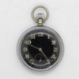 Military pocket watch with black face works but needs attention