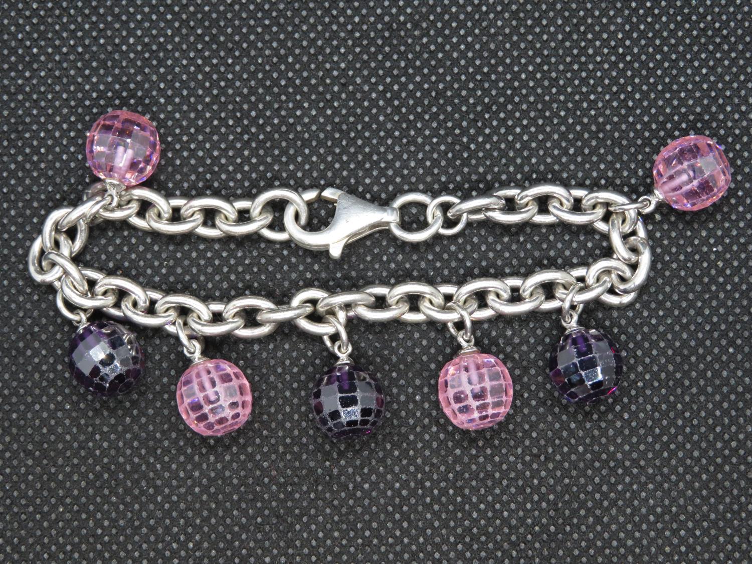 HM silver bracelet pink and purple crustal balls 7.5" 40.6g