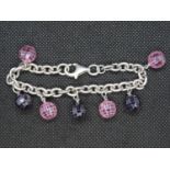 HM silver bracelet pink and purple crustal balls 7.5" 40.6g