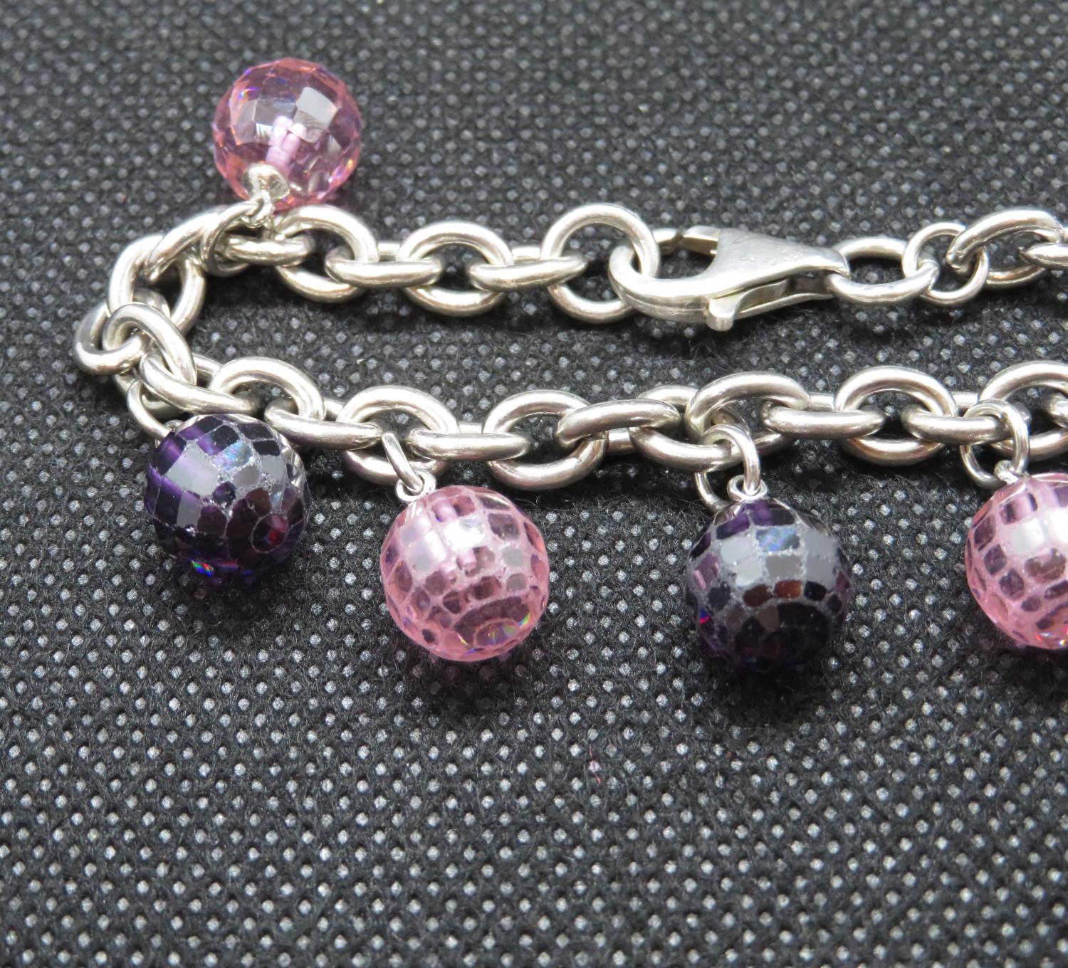 HM silver bracelet pink and purple crustal balls 7.5" 40.6g - Image 2 of 3