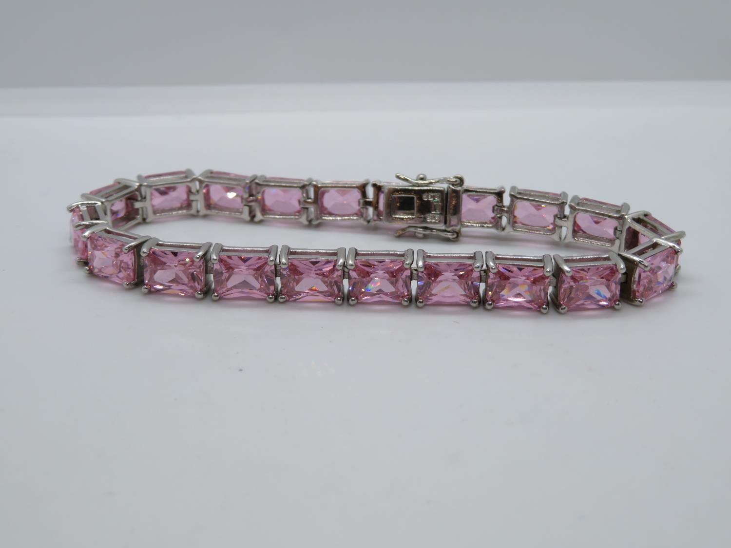 HM silver bracelet set with French cut pink Zirconia stones 7.25" 26.5g