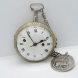 Goliath silver alarm watch with double link watch chain and interesting fob - working but needs