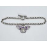 HM silver bracelet with butterfly appendage set with suffragette colour stones 8" 12.4g