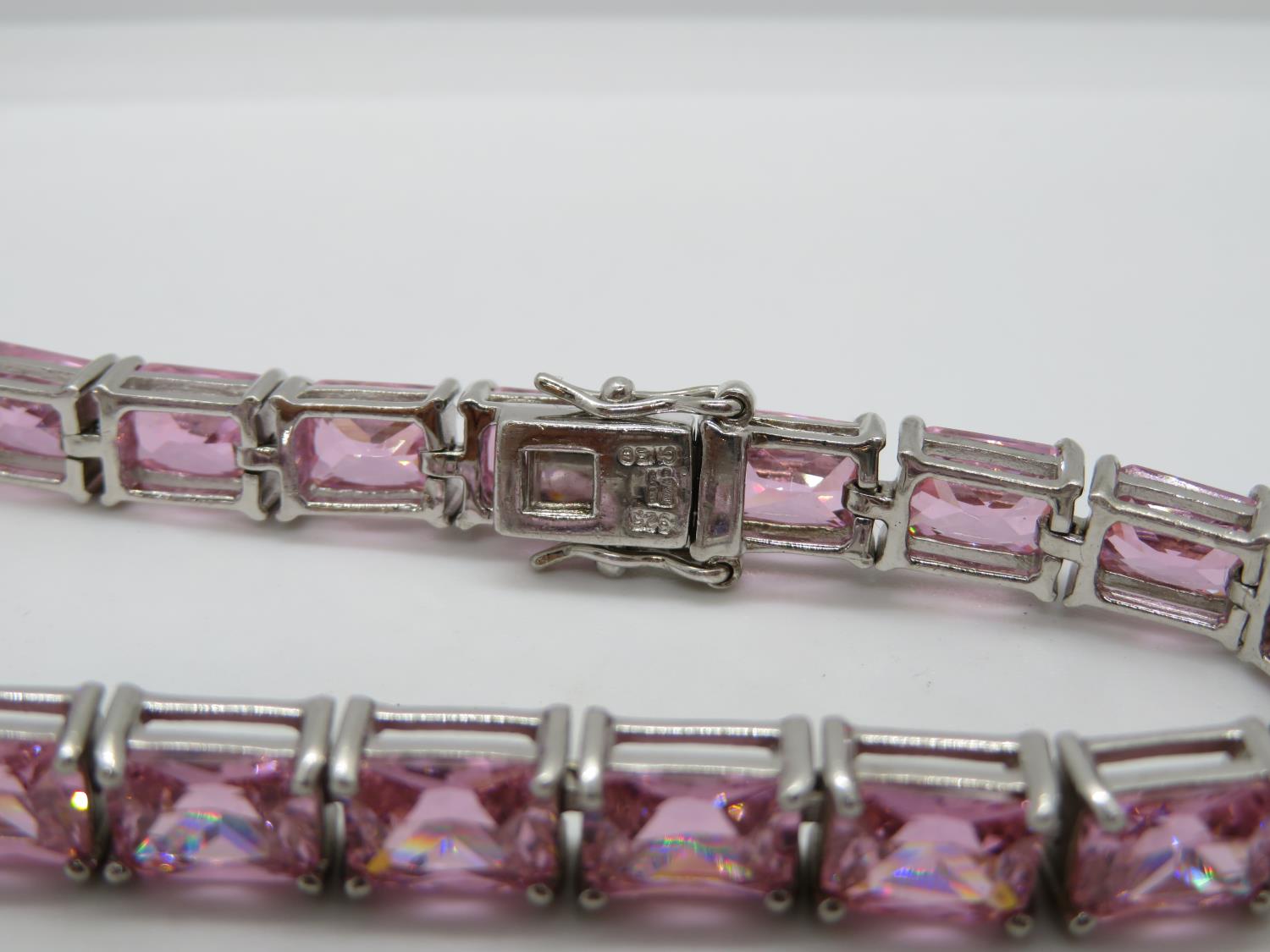 HM silver bracelet set with French cut pink Zirconia stones 7.25" 26.5g - Image 2 of 2