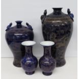 Set of 4x blue china vases 24", 18" and 2x 12" high