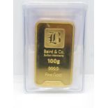 Baird and Co Bullion 100g 9999 fine gold with all paperwork