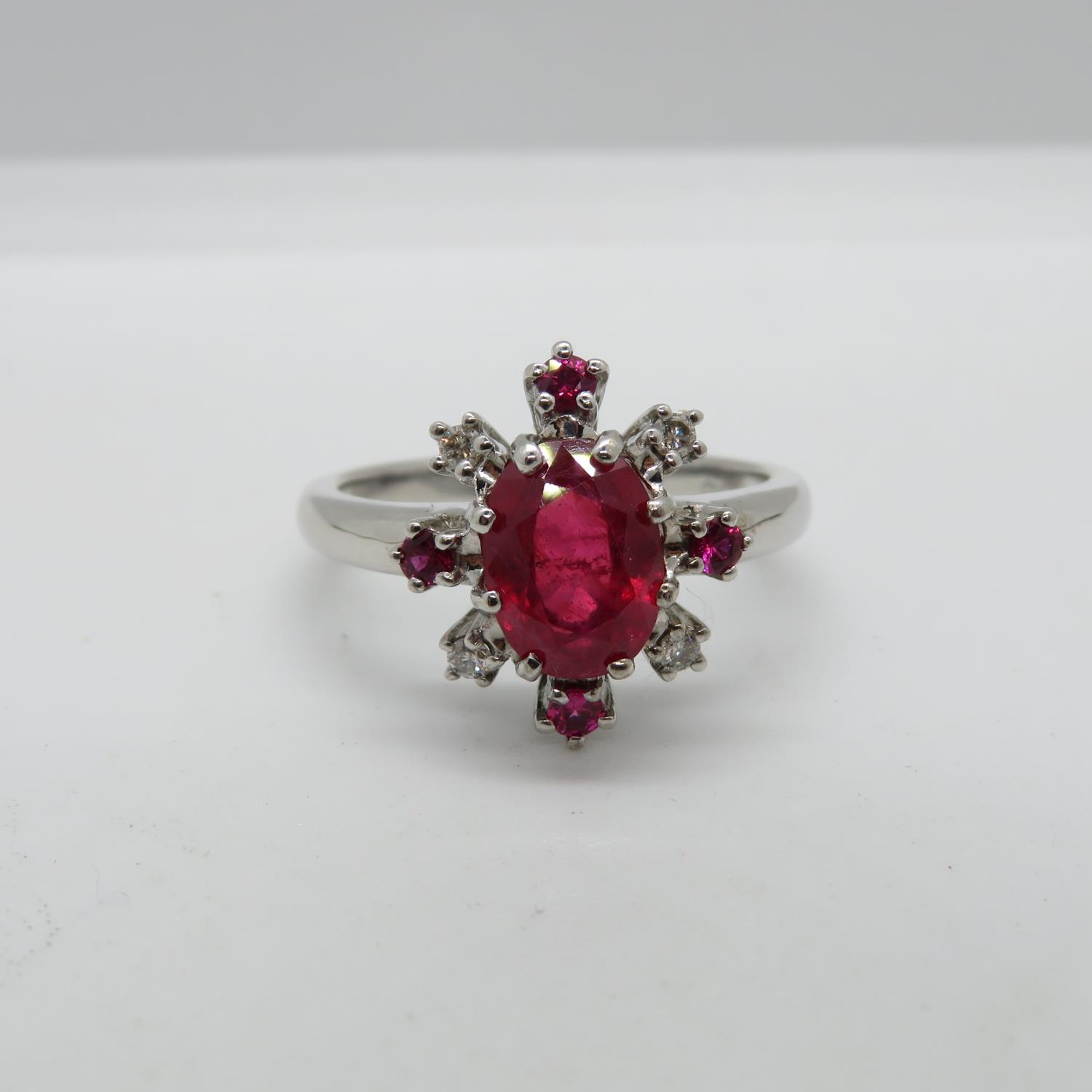 18ct white gold ruby and diamond cluster ring by Gallery and Abbey Crest size M 4.7g